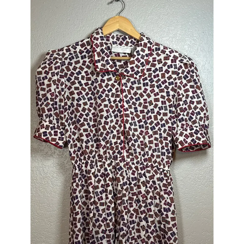 Vintage 80s Geometric Print Midi Dress Collared Structured Secretary Womens 10 - Picture 2 of 9